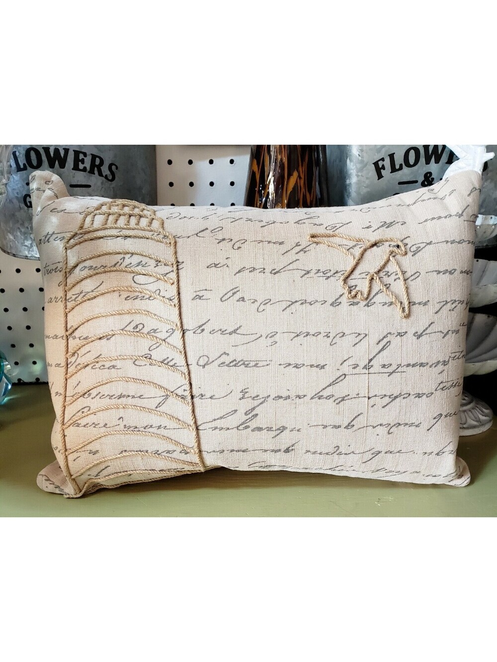 Lighthouse Throw Pillow 13x18 Outdoor Fabric Twine Buttons Tan Nautical Sea